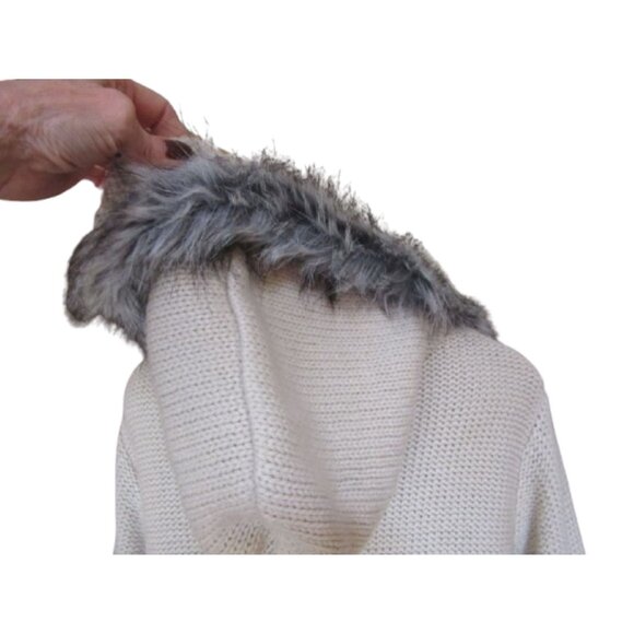 Y2K Michelle Nicole Beige Chunky Knit Full Zip Button Faux Fur Hooded Cardigan M - Picture 6 of 8